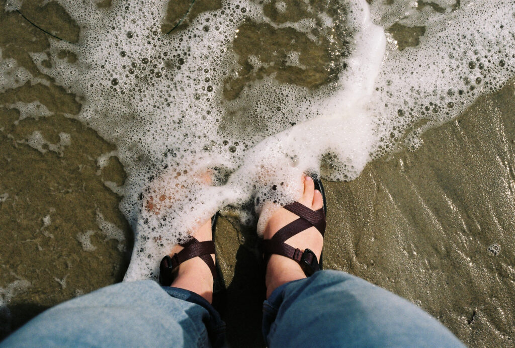 film photography of recent work trip to Santa Monica - feet in the ocean on the beach