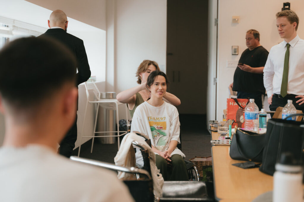 Bride getting ready in a light filled space at Walker Art Center