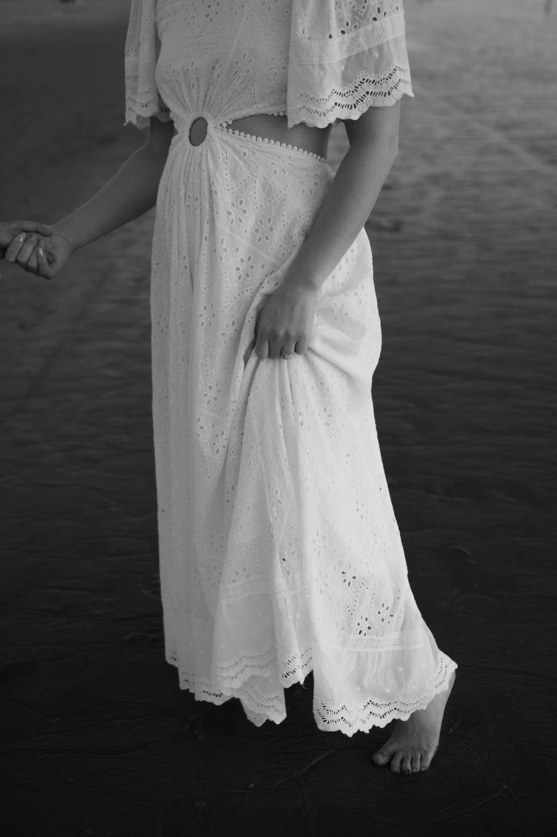 Beach engagement session white dress outfit