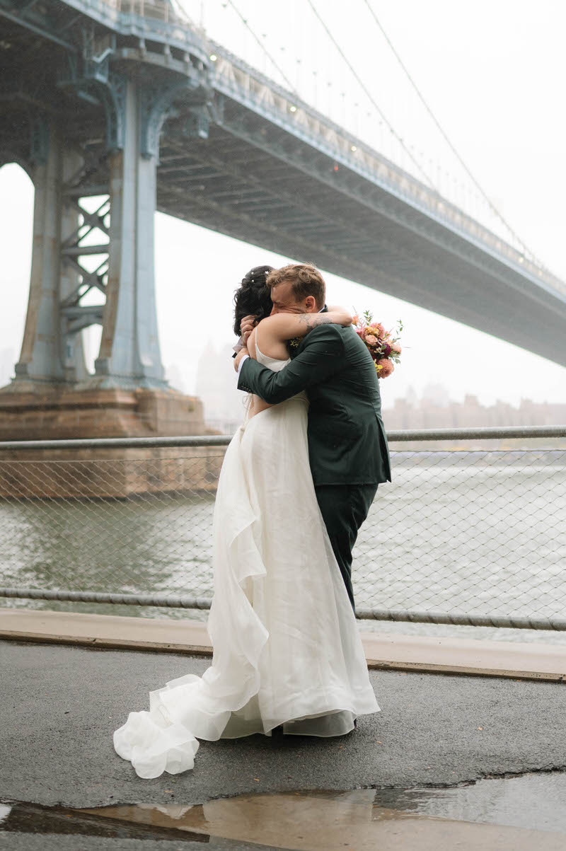 Brooklyn wedding with Manhattan Bridge view and emotional first look by Brooklyn wedding photographer
